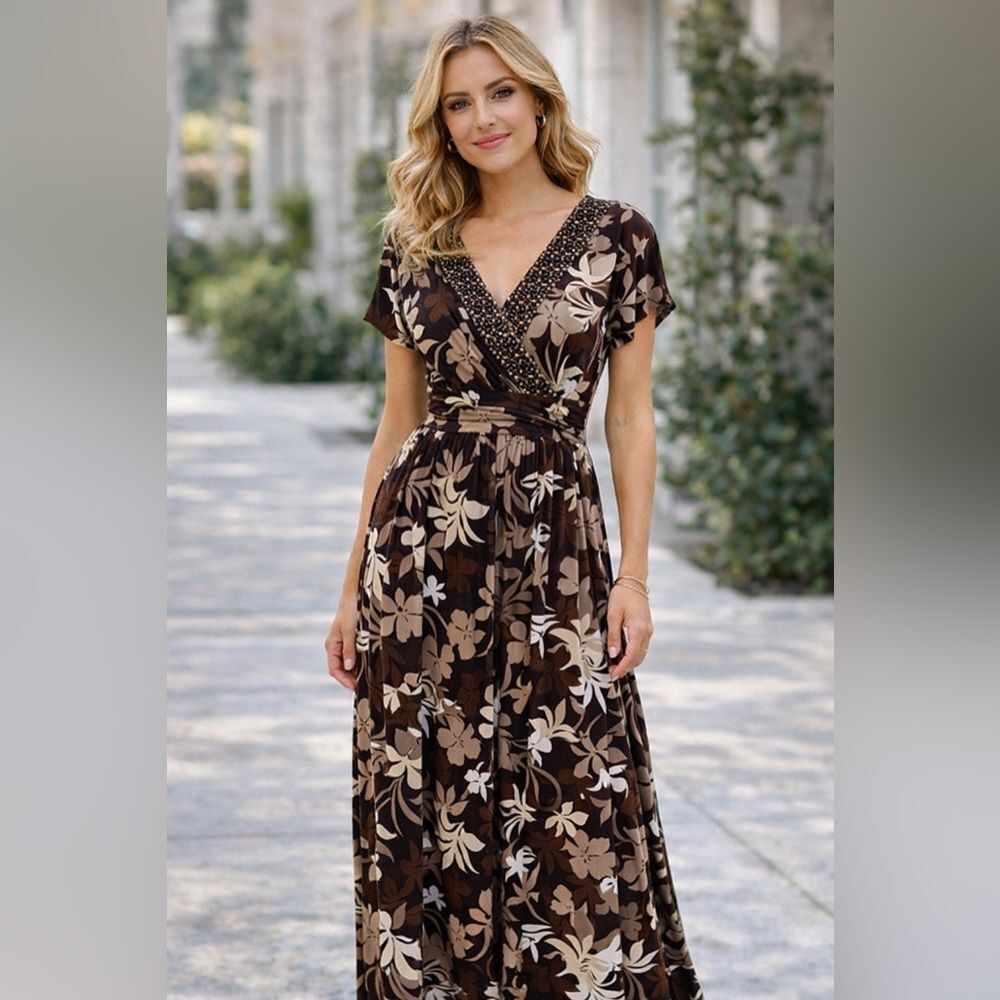 Croft & Barrow Women's Floral Brown Earthy V Neck Neautral Maxi Dress Size Small